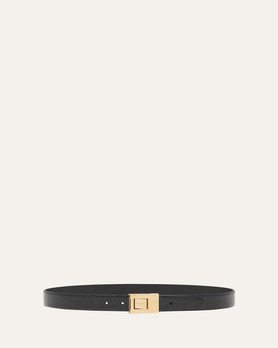 Center Buckle Croc-Embossed Leather Belt